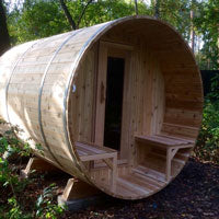 Classic Barrel Sauna with Porch – Knotty Cedar (Heater Included)