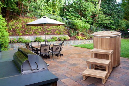 Premium wooden cold plunge tub side view, handcrafted in Canada for wellness and ice bath therapy