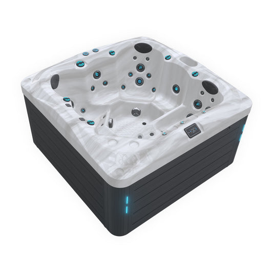 Hydrotherapy hot tub with lounger and upright seating for social connection