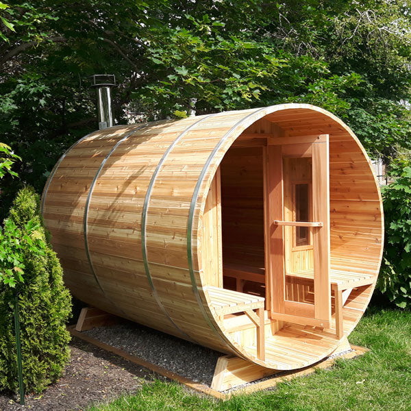 Barrel Sauna with Porch Package – Red Cedar (Heater Included)