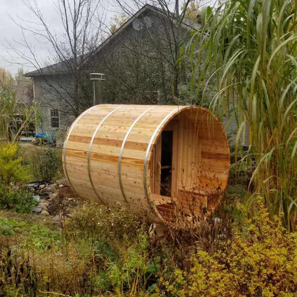 Barrel Sauna with Porch Package – Red Cedar (Heater Included)