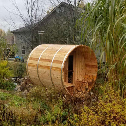 Barrel Sauna with Porch Package – Red Cedar (Heater Included)