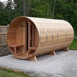 Classic Barrel Sauna with Porch & Changeroom – Knotty Cedar (Heater Included)