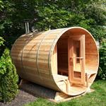 Traditional barrel sauna exterior view, crafted with knotty cedar wood