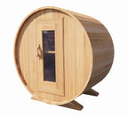 Durable knotty cedar barrel sauna with efficient heating and 5-year warranty