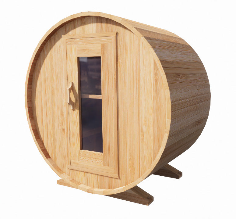Durable knotty cedar barrel sauna with efficient heating and 5-year warranty