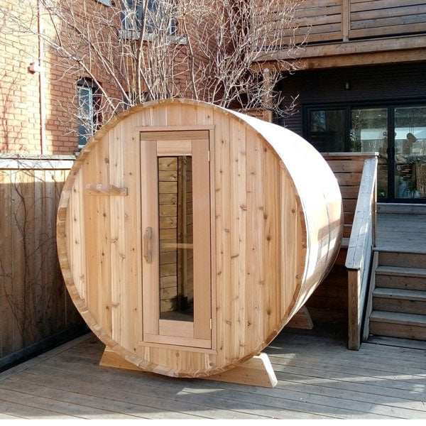 Premium cedar barrel sauna with multiple size options, rustic outdoor style