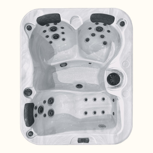 A top view image of a white Therméa S312-240 hot tub spa with multiple chrome water jets and seats designed for three people.