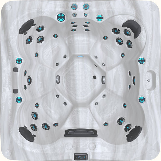 A top-down view of a Therméa L707 hot tub spa featuring multiple hydrotherapy jets and contoured seating.