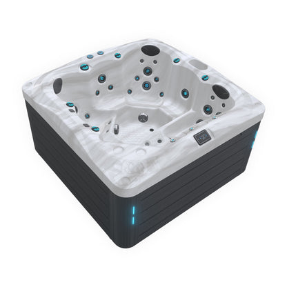 Hydrotherapy hot tub with lounger and upright seating for social connection