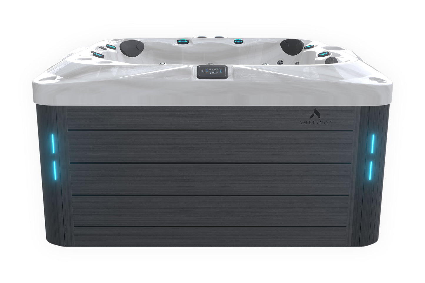 Premium hot tub with dual pumps, hydrotherapy jets, and touchscreen control.