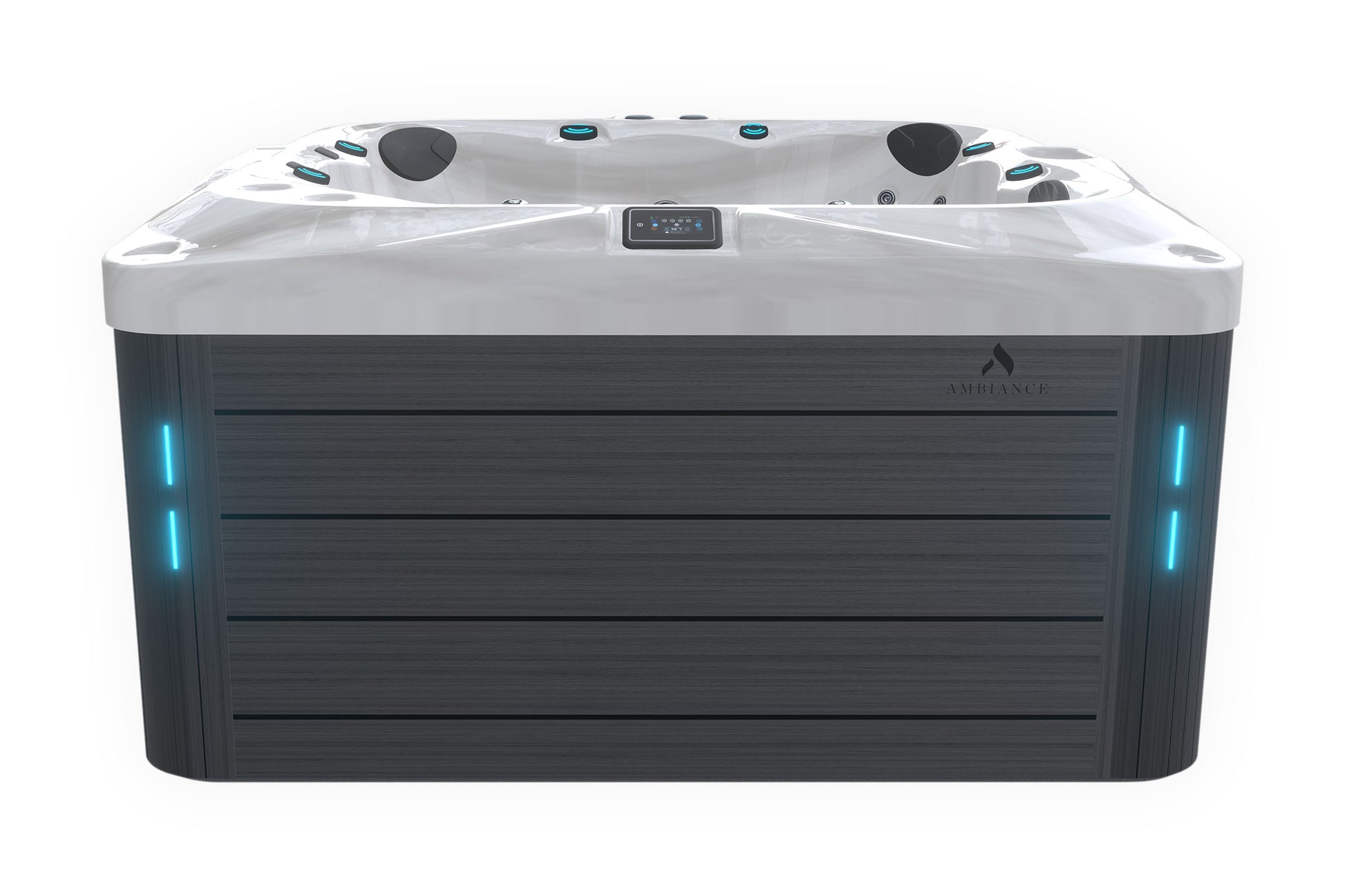 Premium hot tub with dual pumps, hydrotherapy jets, and touchscreen control.