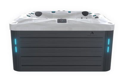 Premium hot tub with dual pumps, hydrotherapy jets, and touchscreen control.