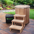 Canadian made wooden cold plunge tub with steps on outdoor patio, perfect for cold therapy